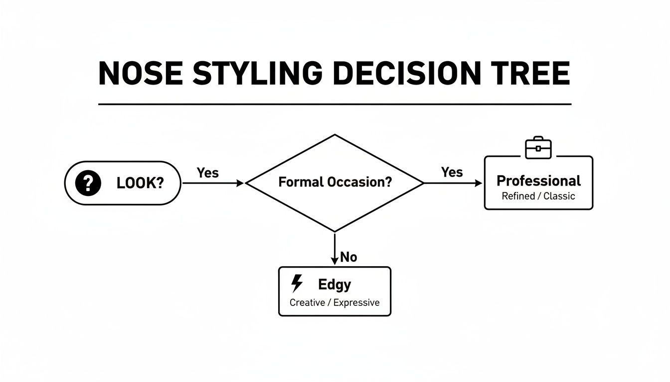 A nose styling decision tree flowchart illustrating choices for formal versus casual occasions.