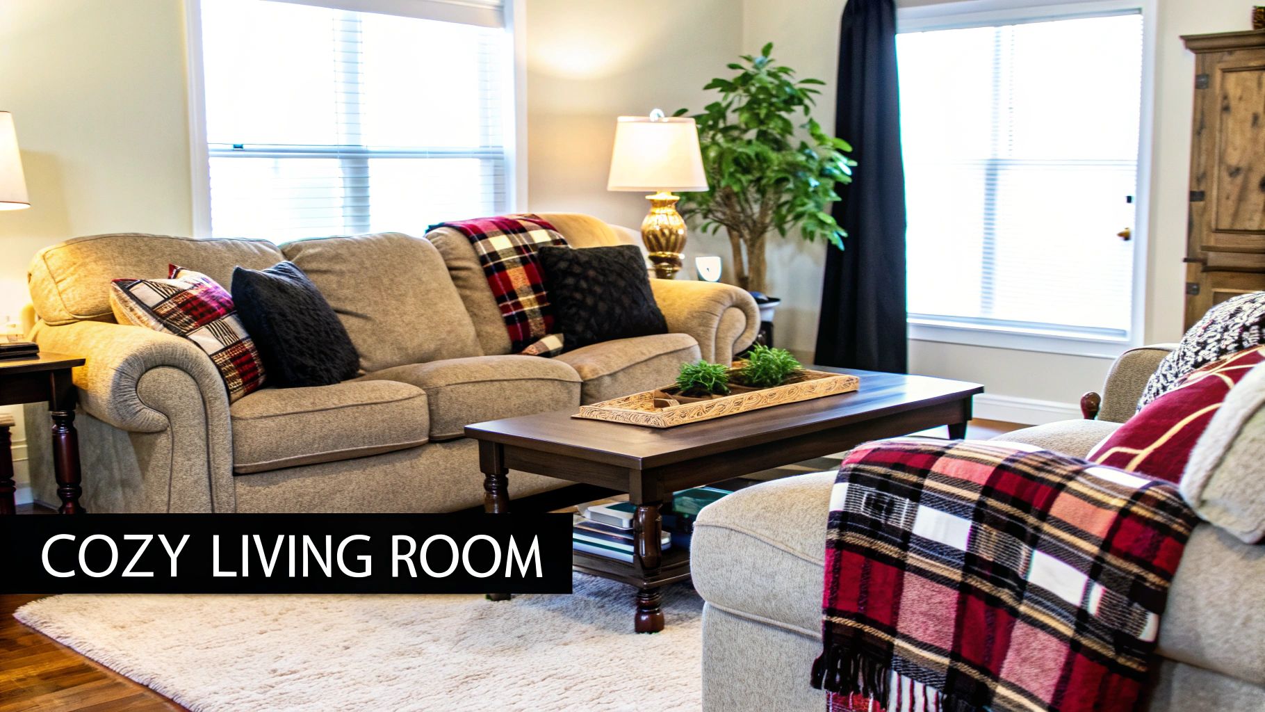A cozy living room with soft lighting, plush textures, and warm colors.