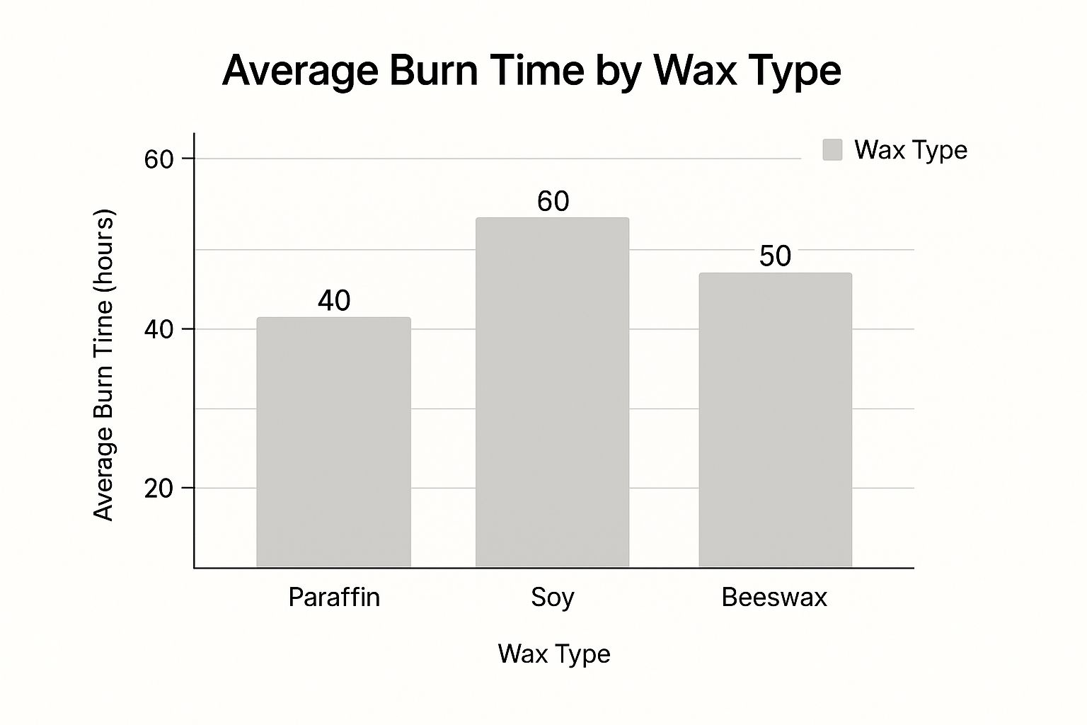 Infographic bar chart showing the average burn time in hours for different candle waxes paraffin, soy, and beeswax.