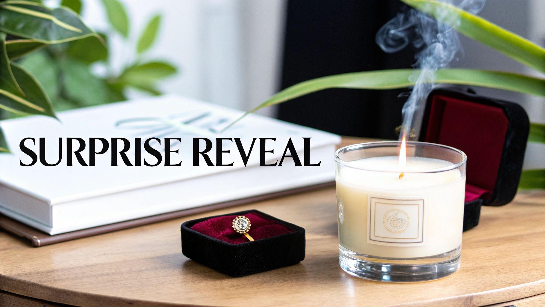 A 'SURPRISE REVEAL' book, a lit candle with smoke, and a gold ring in a black velvet box.