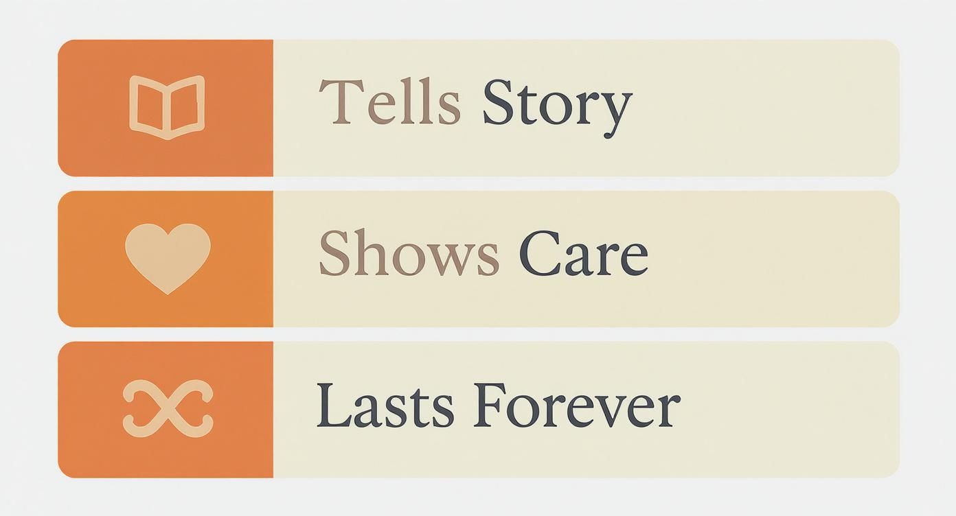 Three illustrated icons showing book, heart, and infinity symbols with text telling story, showing care, and lasting forever