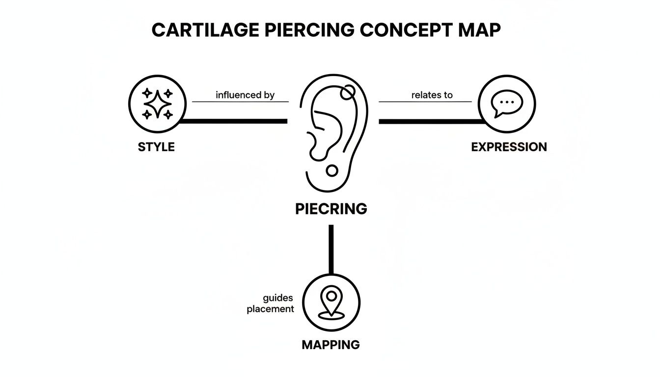 A concept map illustrating cartilage piercing, showing its influence by style, relation to expression, and guidance by mapping.