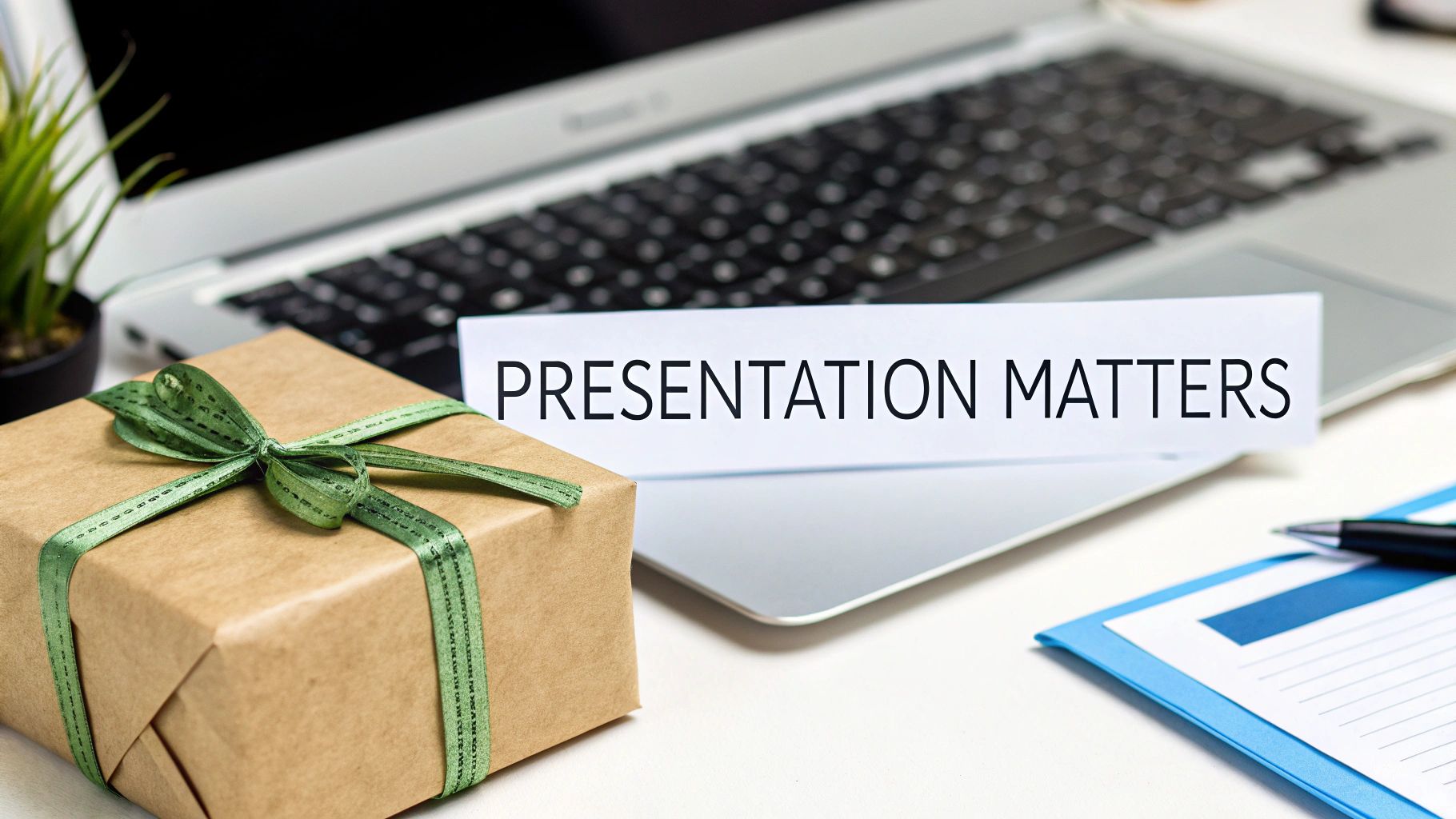 A gift box with a green ribbon and a laptop on a desk. A sign reads 'PRESENTATION MATTERS'.