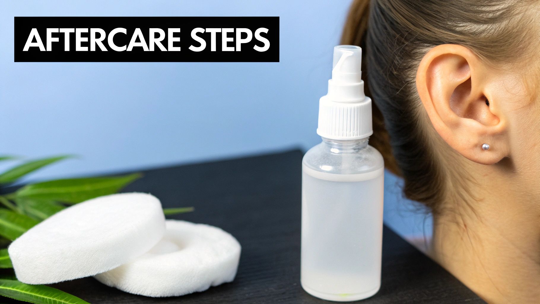 Aftercare steps for a newly pierced ear, showing a spray bottle, cotton pads, and a person's ear.
