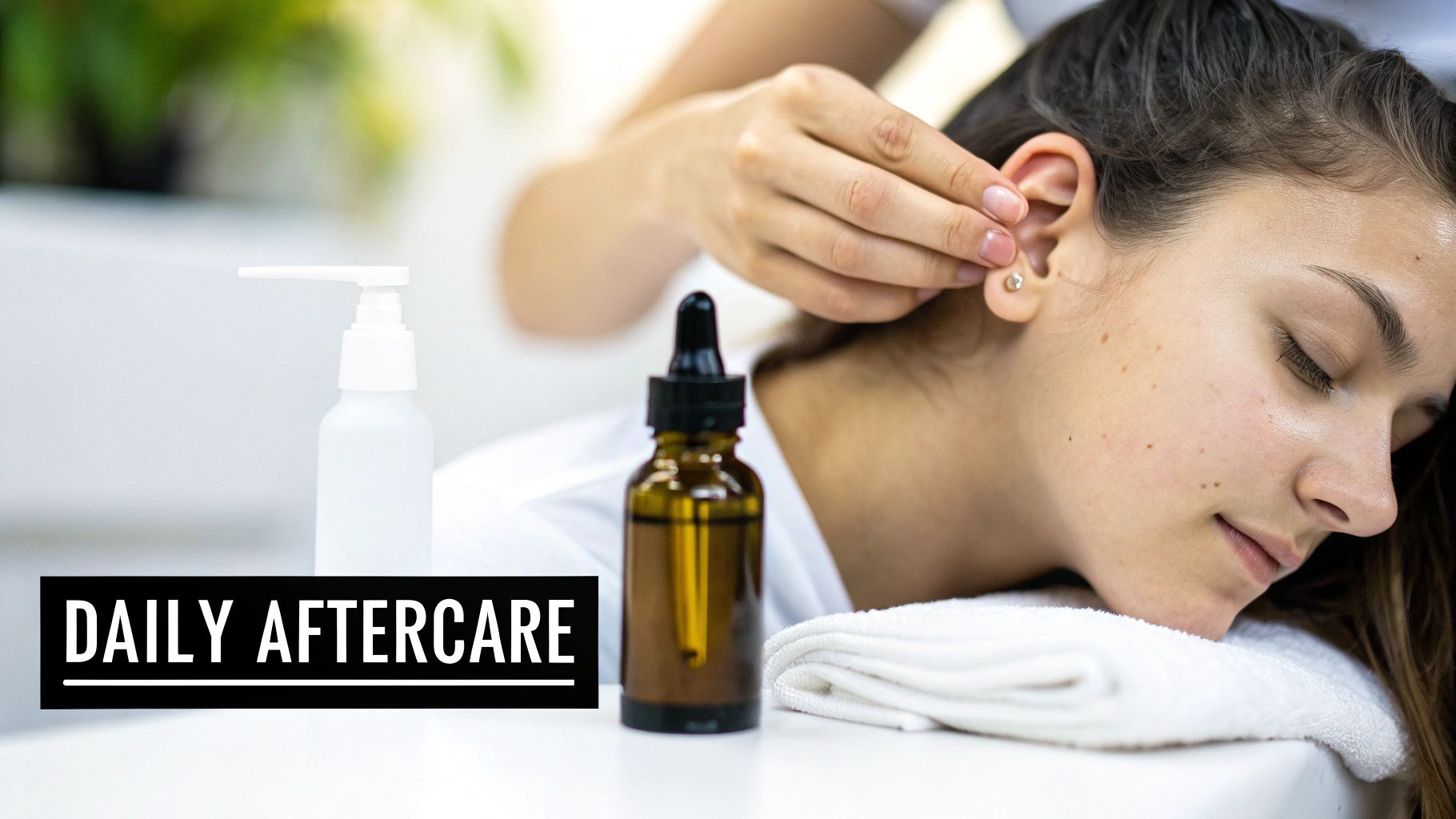 A close-up of a person gently touching an ear, with aftercare products and text 'DAILY AFTERCARE'.