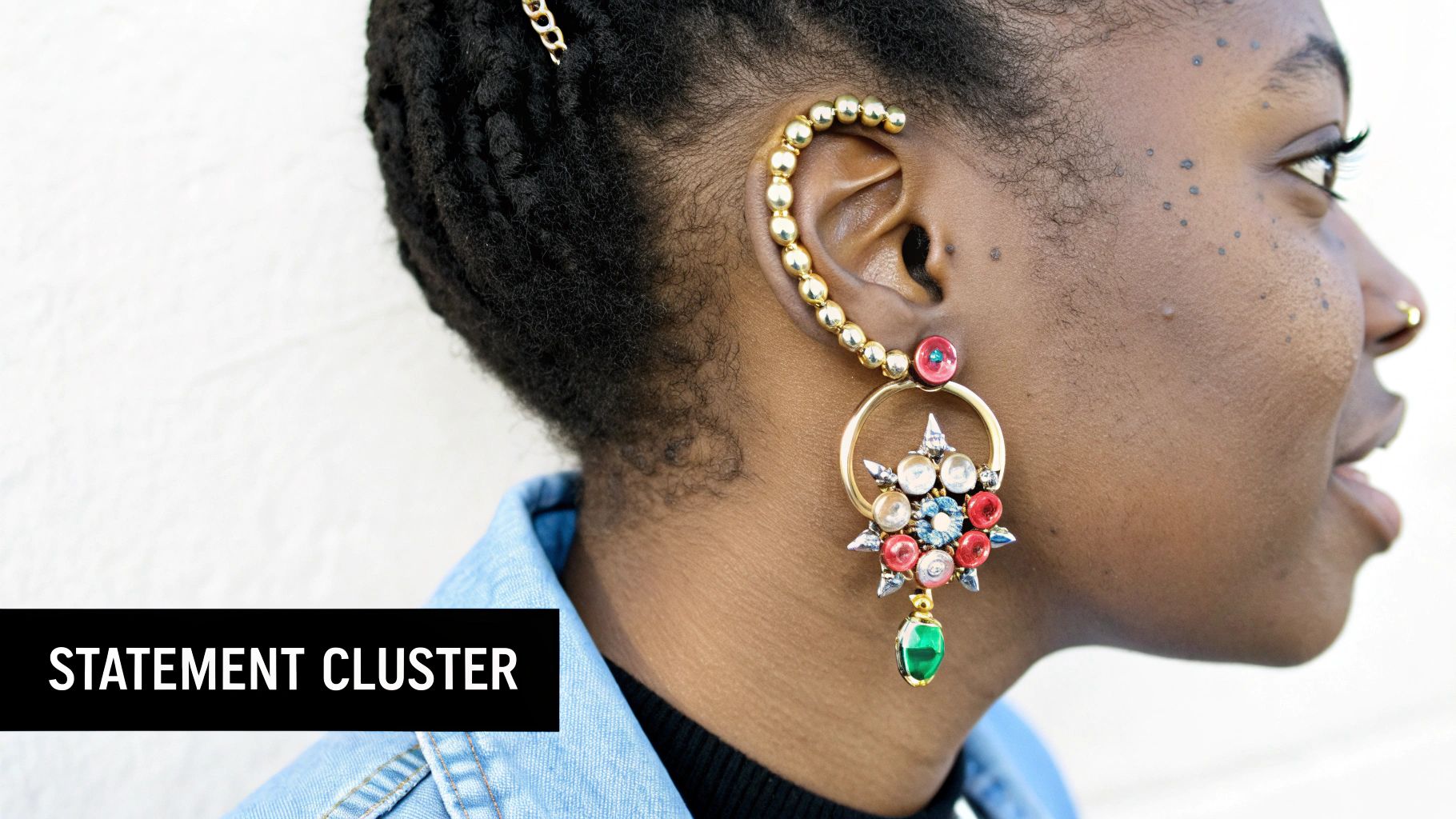 Close-up of a person wearing a large, colorful statement ear cuff and dangling earring.