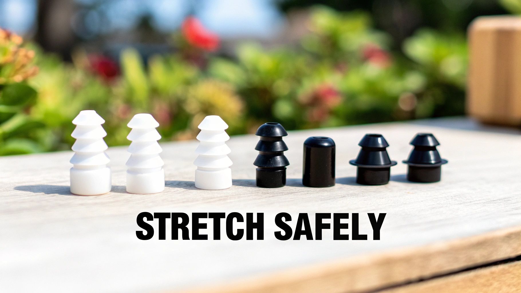 A person with stretched earlobes wearing black plugs.