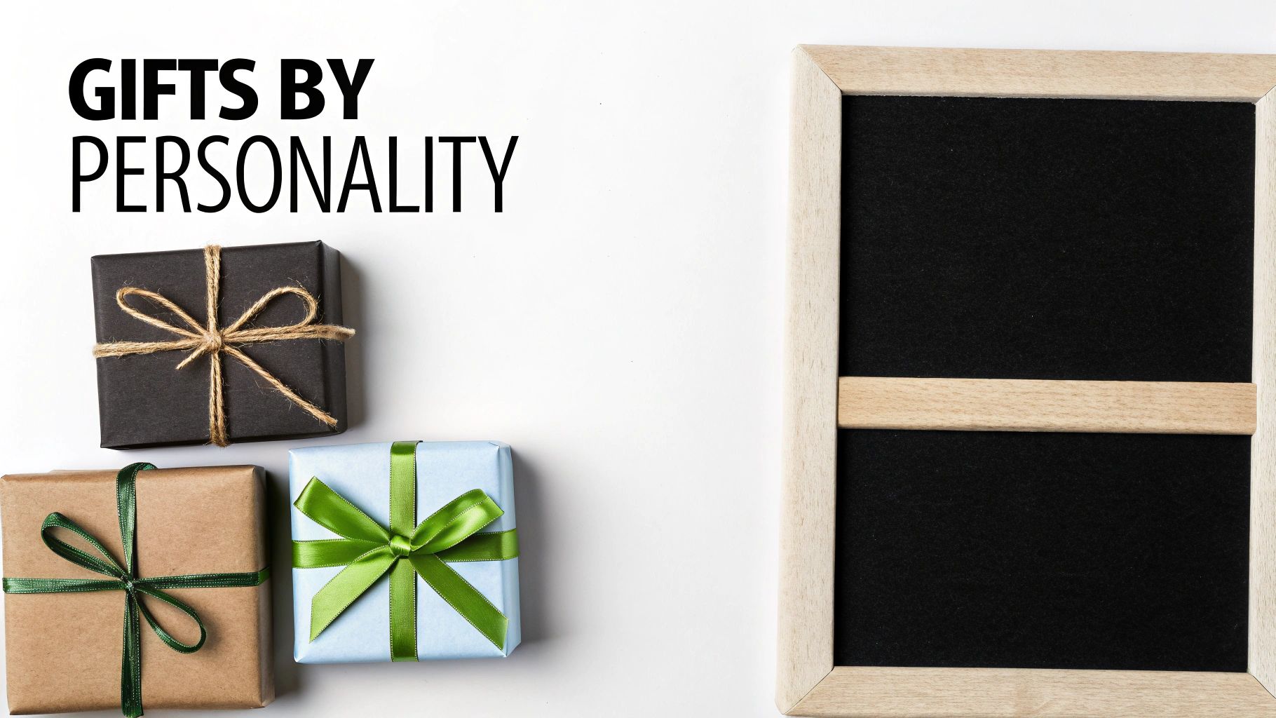 Three gift boxes (black, brown, light blue) are displayed with the text 'Gifts by Personality' next to a blackboard.