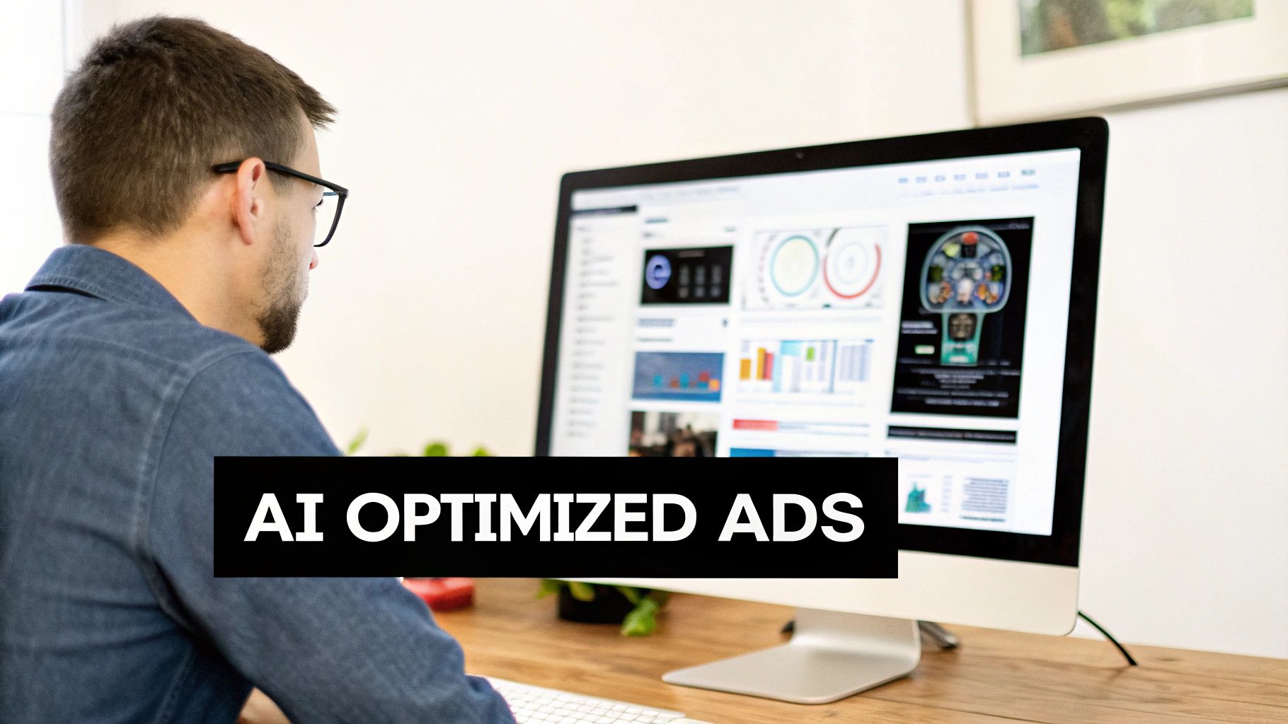 A man in glasses views AI-optimized ad performance data and charts on a computer screen.
