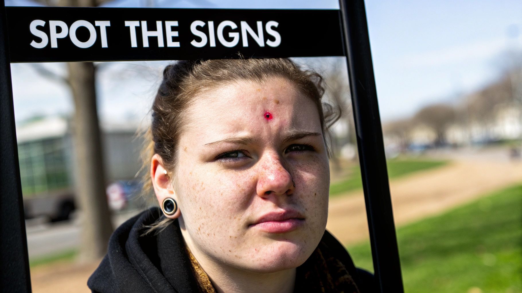A young person with a red mark on their forehead stands behind a 'SPOT THE SIGNS' sign.