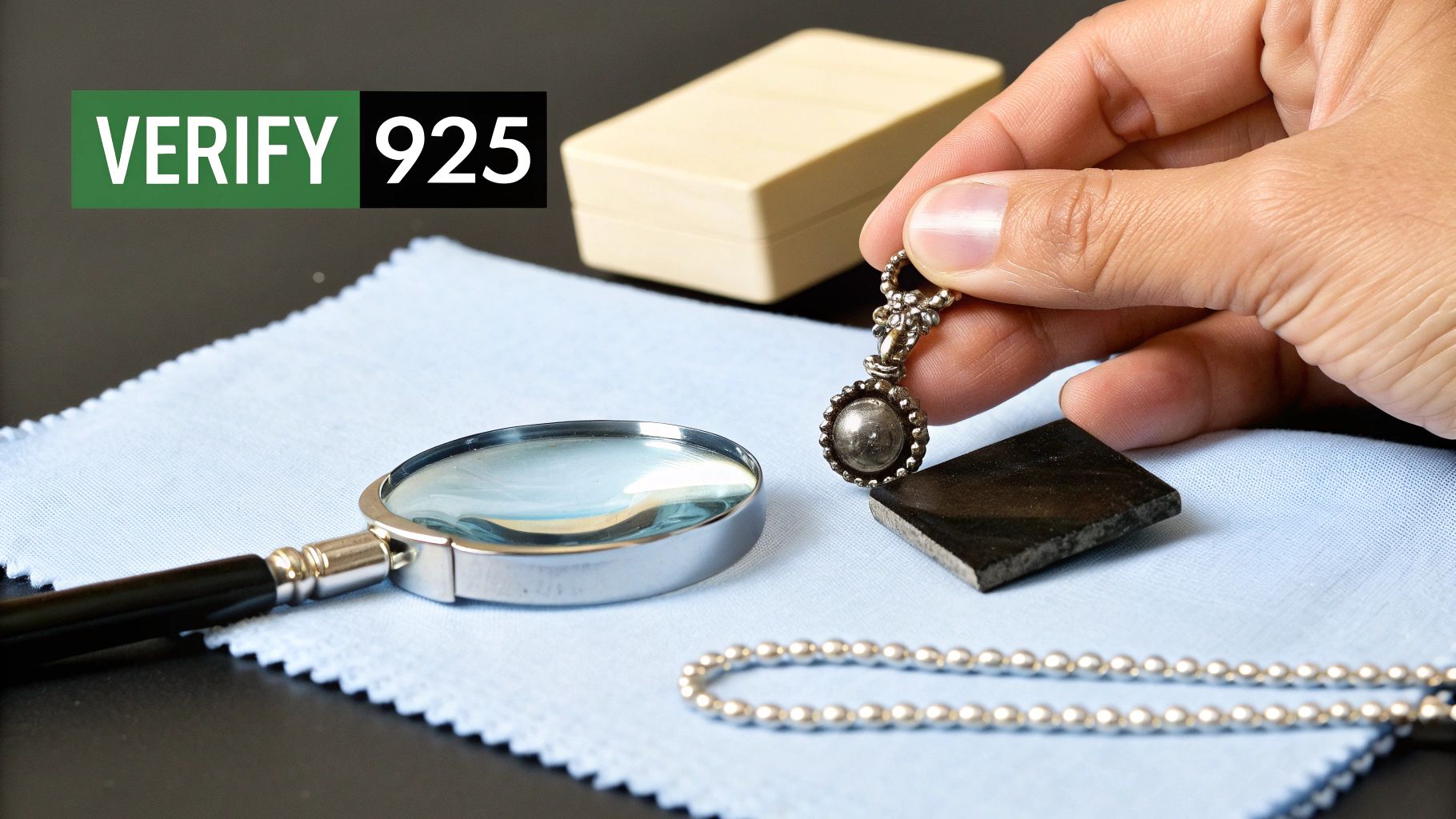 A hand holds a silver pendant, a magnifying glass, and a testing stone for verifying 925 jewelry.