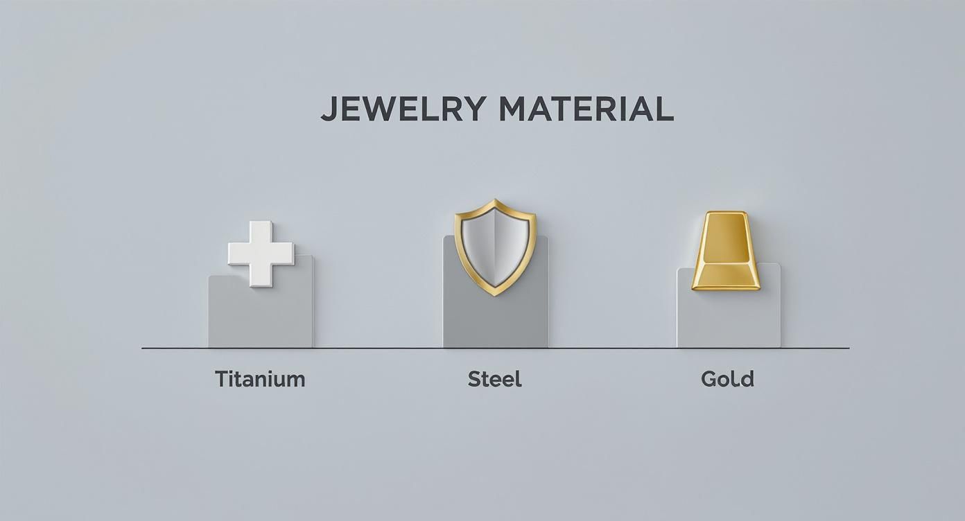 A comparative chart showing jewelry materials: Titanium, Steel, and Gold, with symbolic icons.