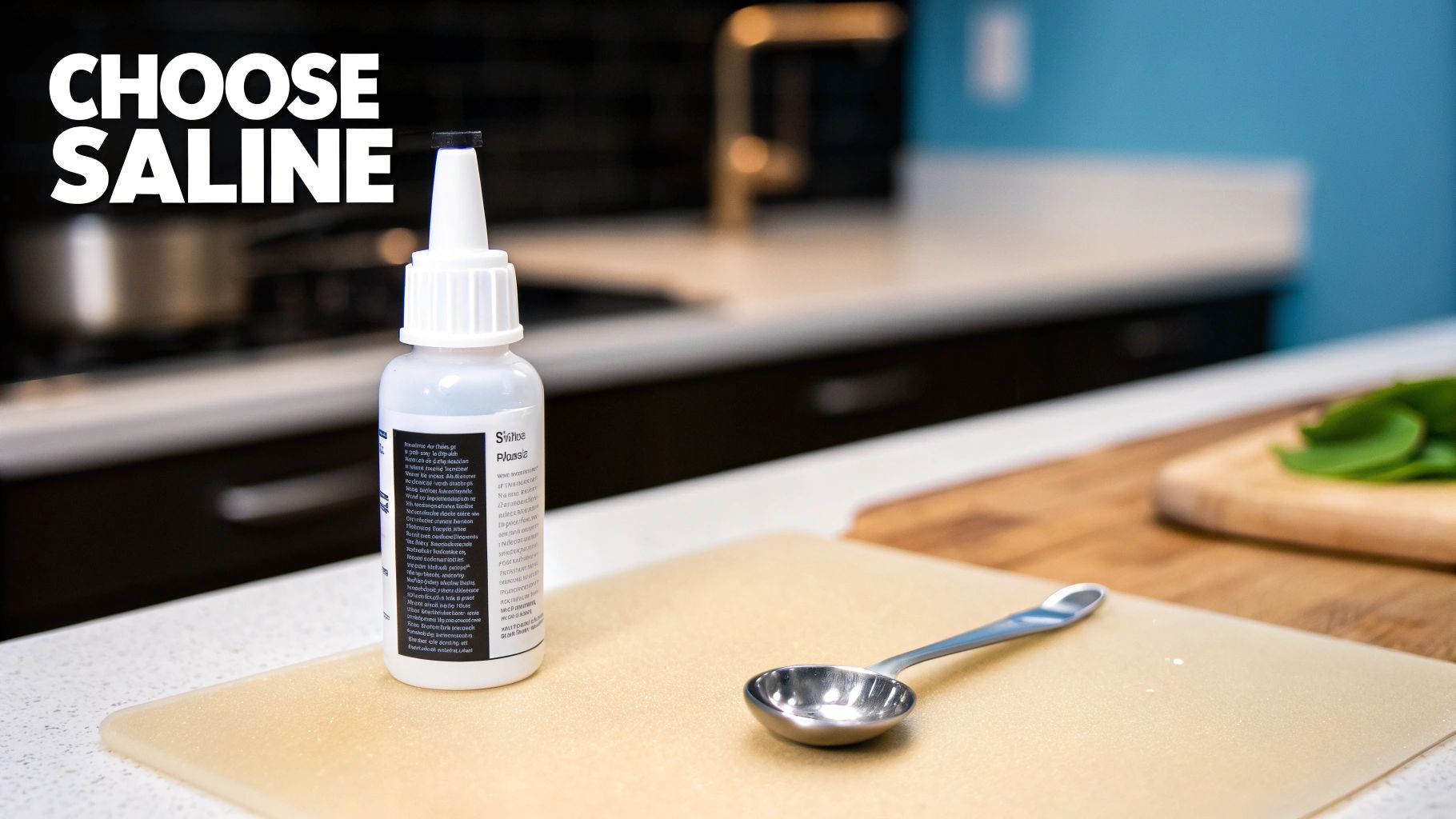A white bottle of saline solution and a measuring spoon on a cutting board, promoting 'Choose Saline'.