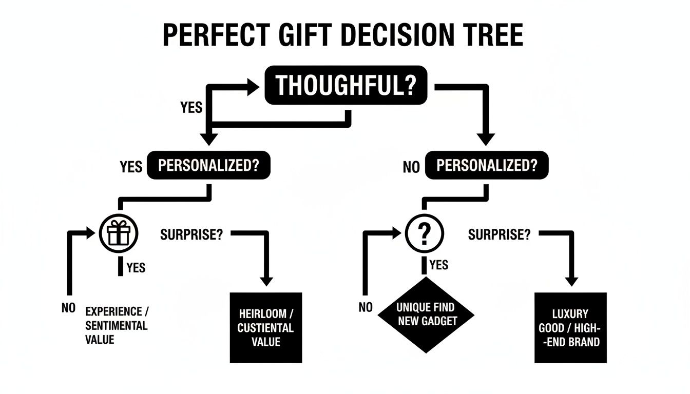 A perfect gift decision tree flowchart guiding choices based on thoughtfulness, personalization, and surprise.