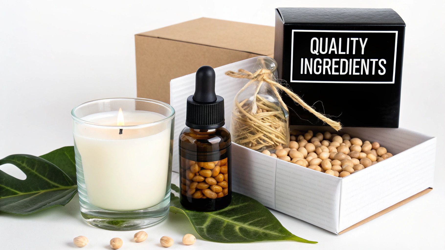 A natural ingredients gift set featuring a lit candle, an amber dropper bottle, and soy beans in a box.