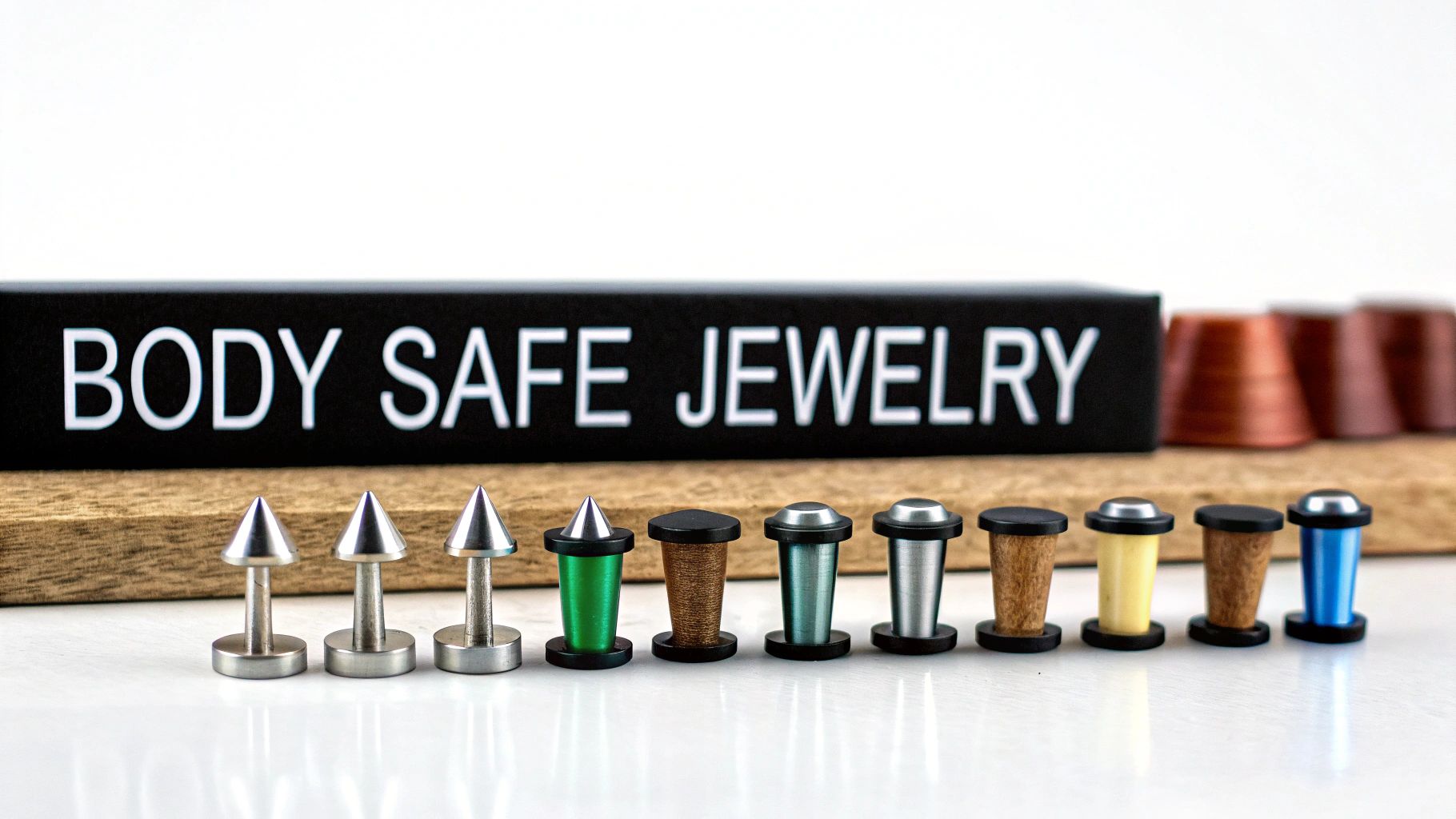 A diverse collection of ear gauges and plugs in various designs, colors, and materials on a white surface.