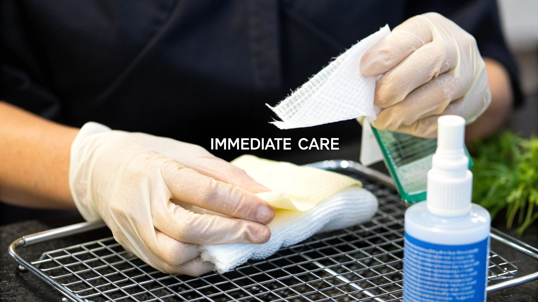 Gloved hands preparing medical gauze and a spray bottle on a metal grate for immediate care.