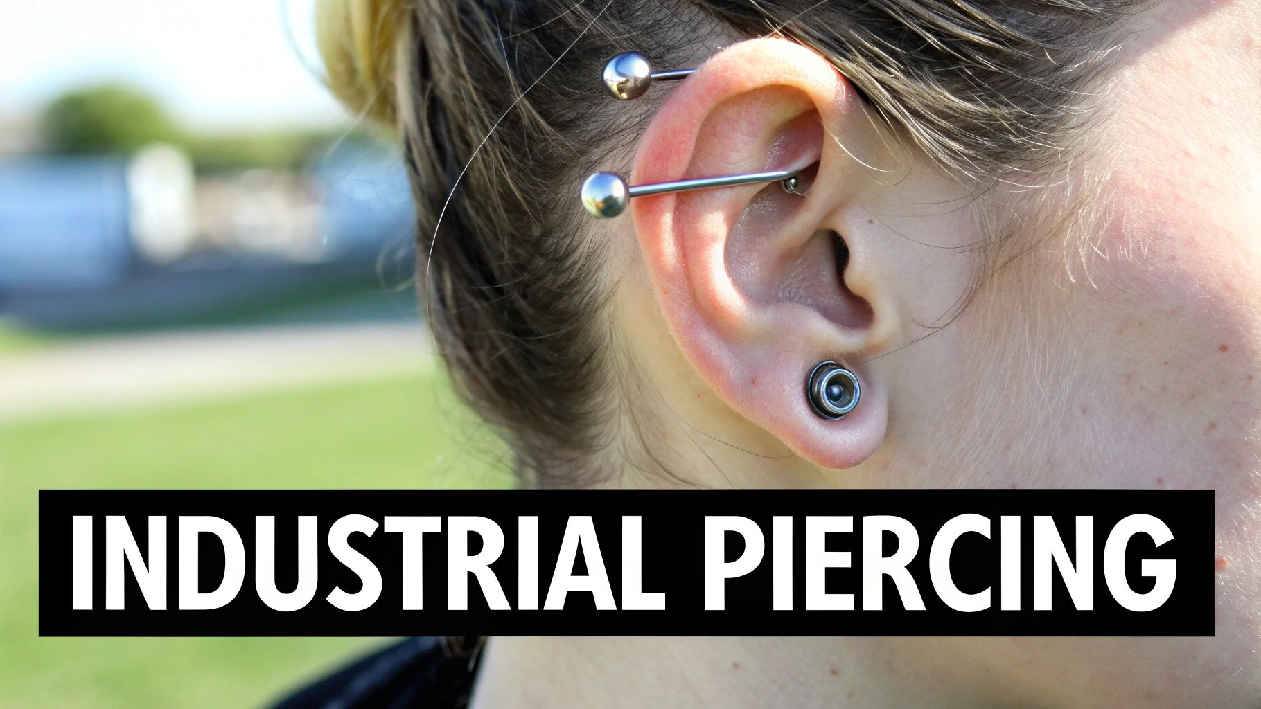 Close-up of a person's ear with an industrial piercing and a speaker-design earlobe gauge.