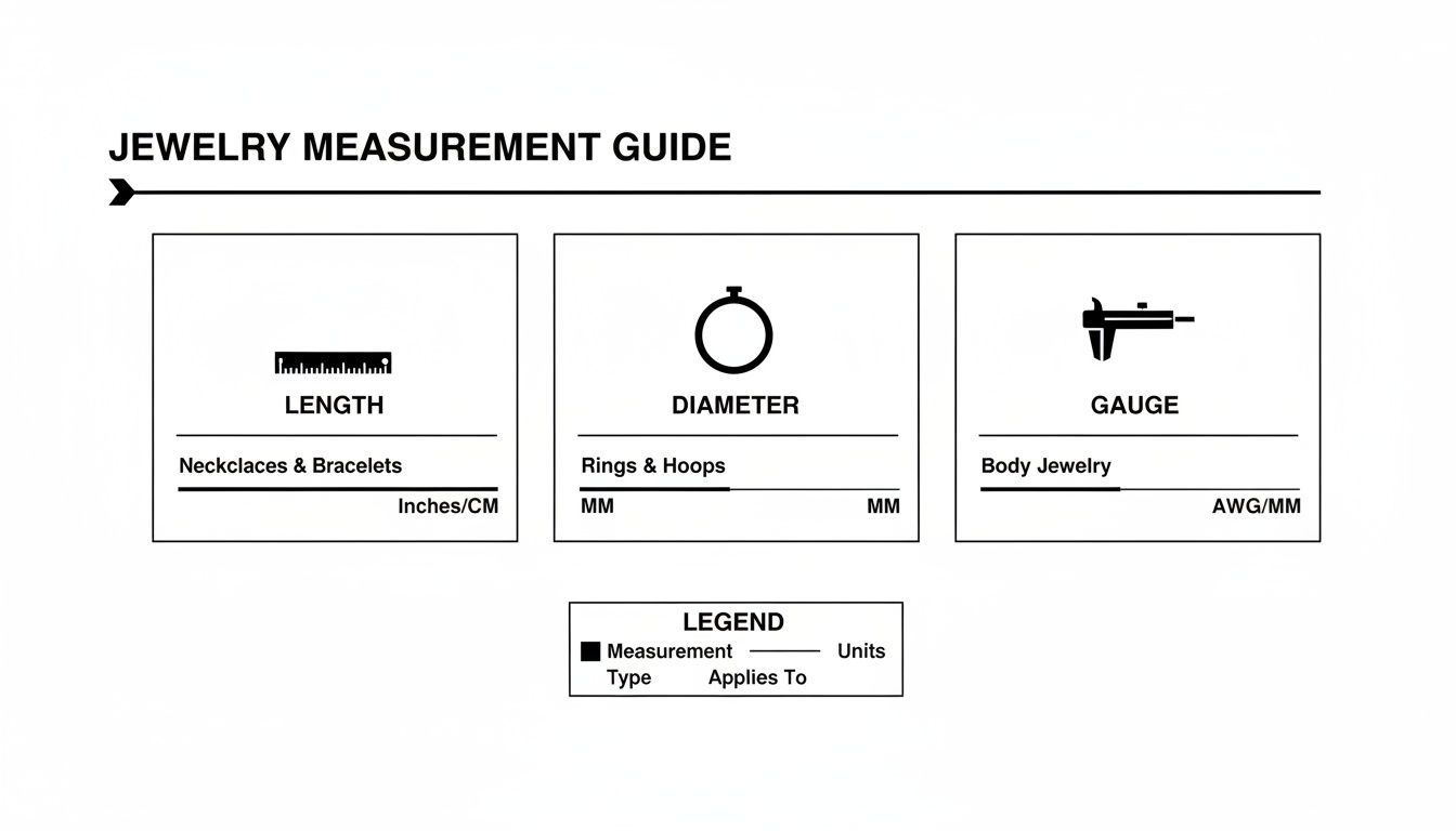 A jewelry measurement guide showing length for necklaces, diameter for rings, and gauge for body jewelry.