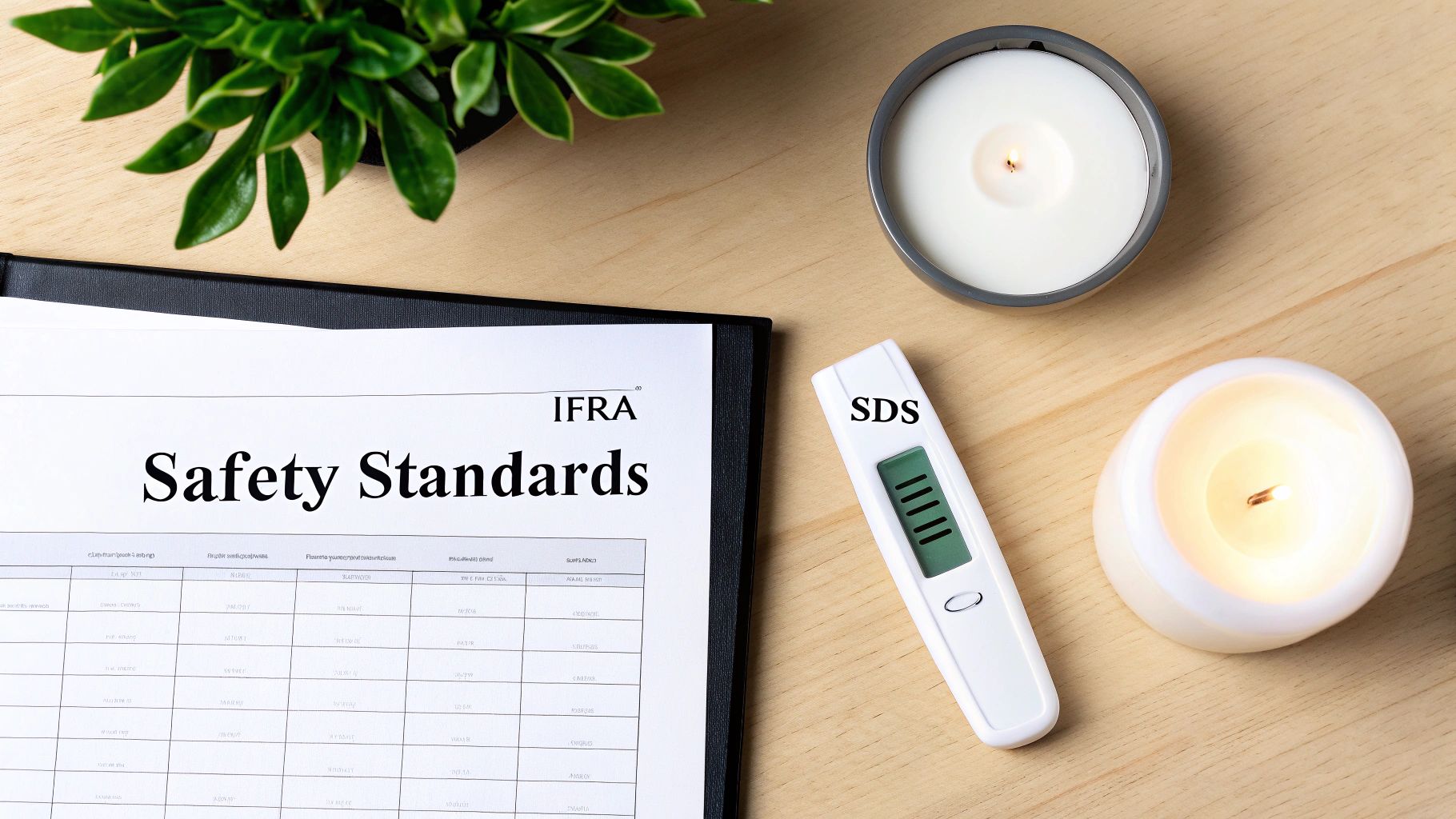 A person carefully examining a safety document with a candle in the background, symbolizing the importance of compliance and safety in candle making.