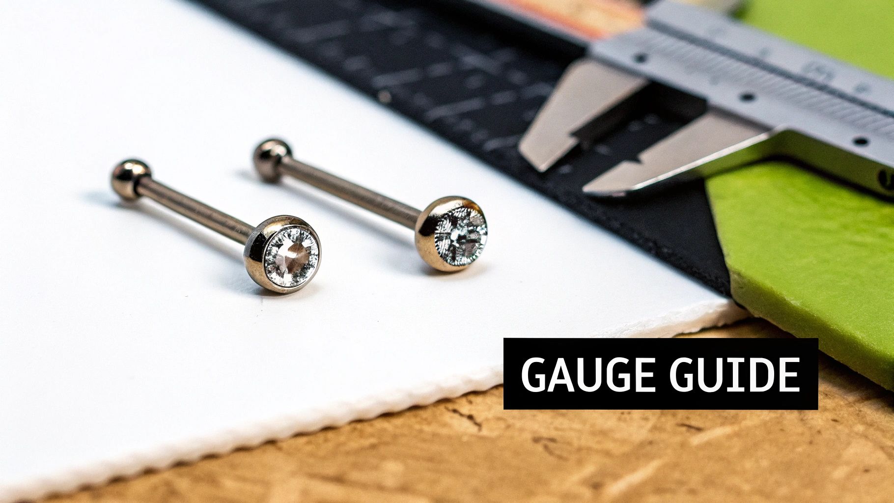 Two sparkling gemmed body piercing barbells and a caliper on a white and green surface, illustrating a gauge guide.