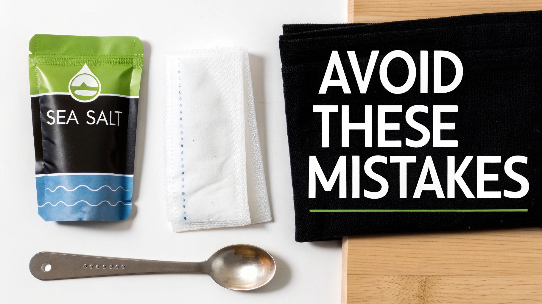 Sea salt pouch, sterile pad, spoon, and black cloth with text 'AVOID THESE MISTAKES' for piercing care.