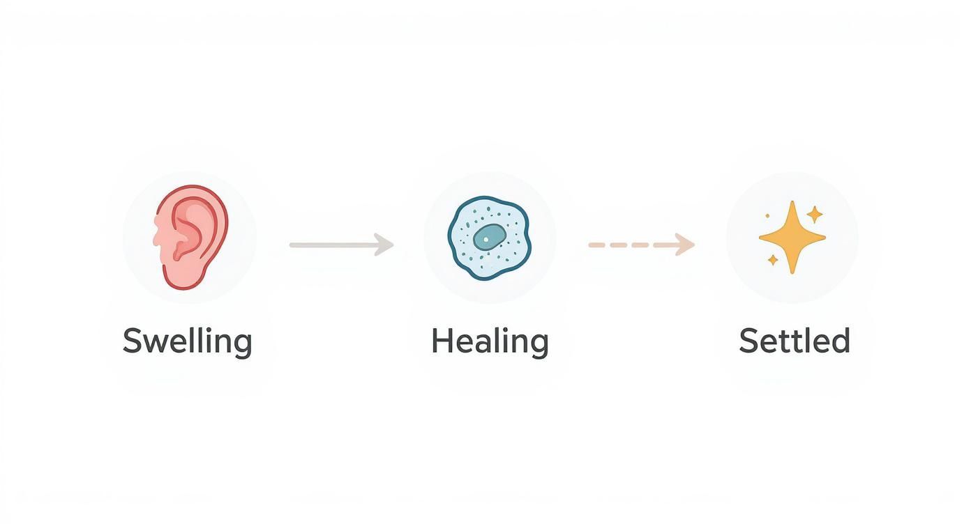 Three stages of conch piercing healing process from swelling to healing to settled