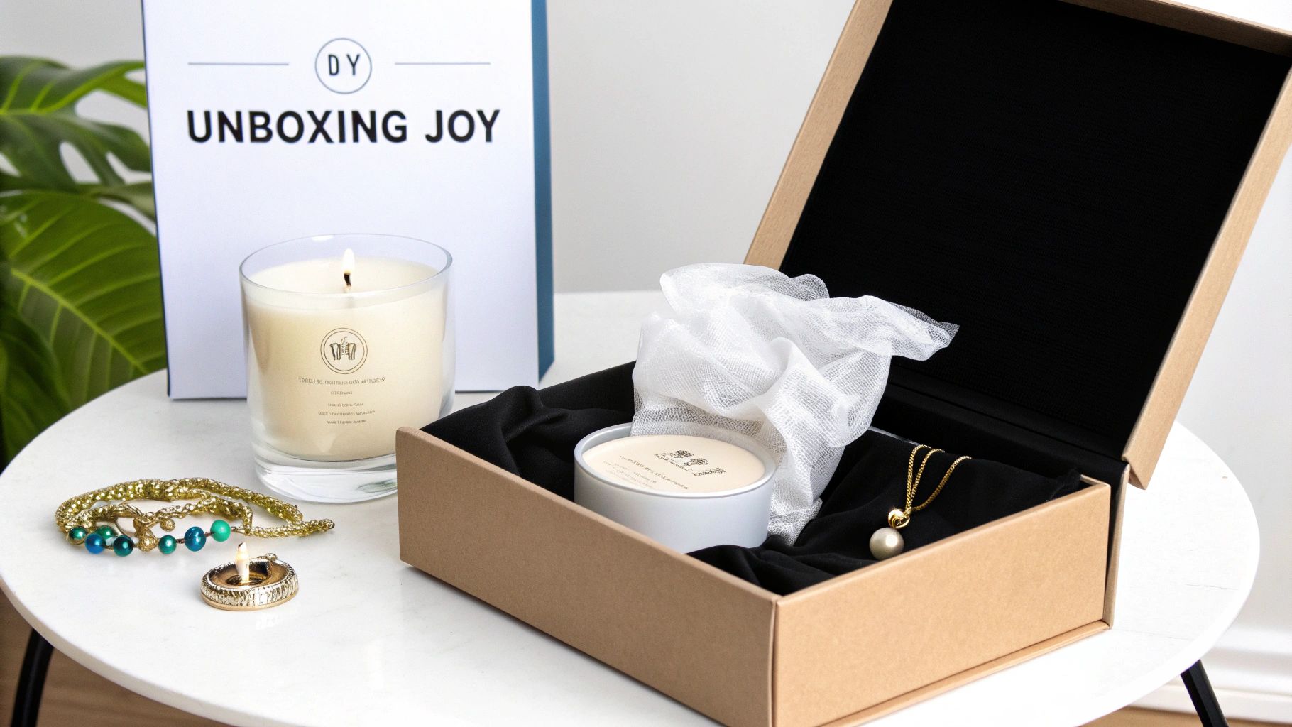 A gift box with a pearl necklace and candle, a lit candle, and jewelry on a white table.
