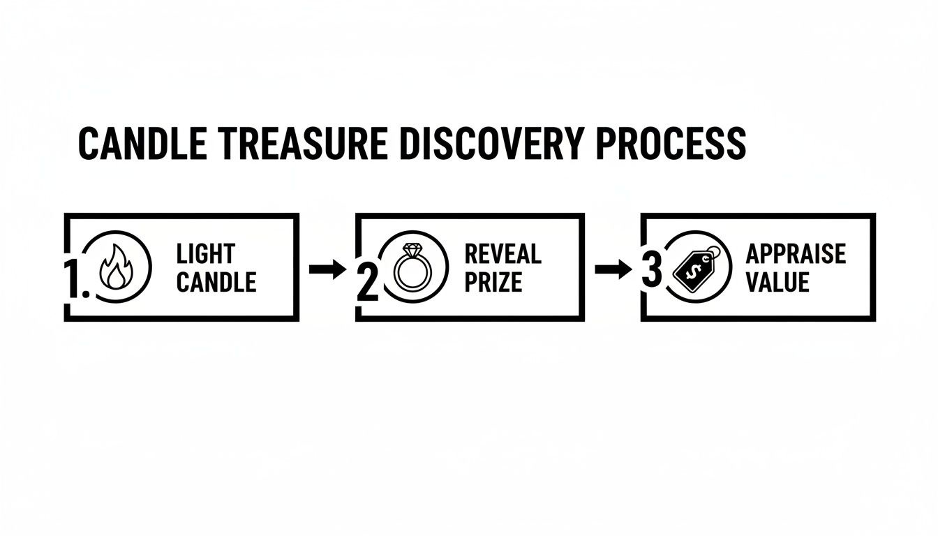 A three-step process for discovering treasure in a candle: light candle, reveal prize, and appraise value.