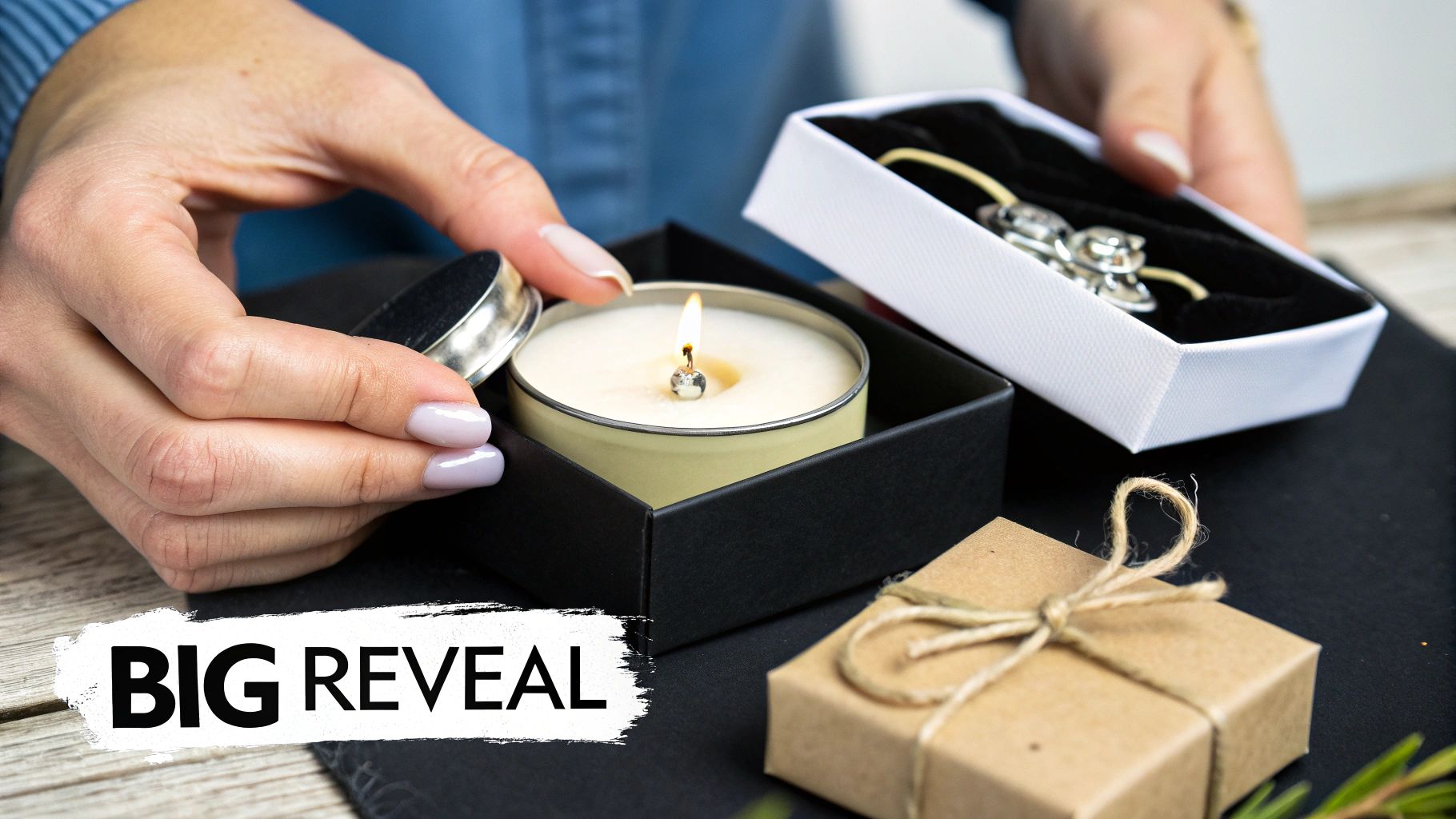 Hands opening a gift box with a lit candle, next to a jewelry box and another present.
