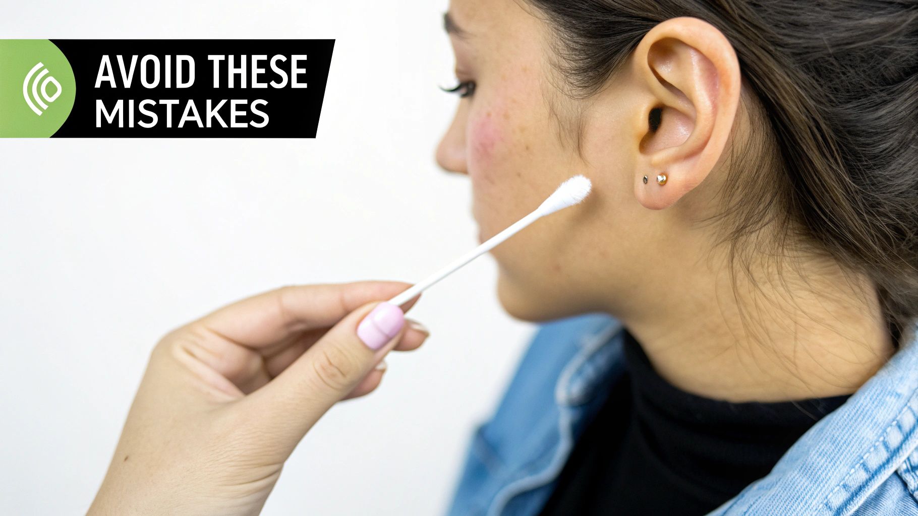 A person holding a cotton swab near their ear, which has multiple piercings.
