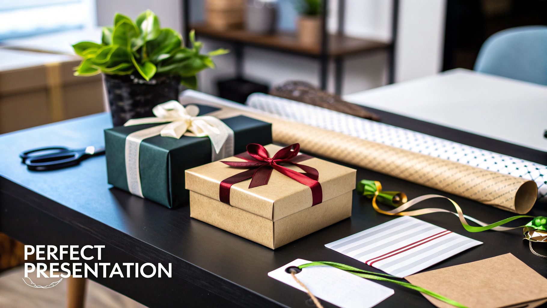 A beautifully wrapped gift box with a handwritten thank you card next to it.