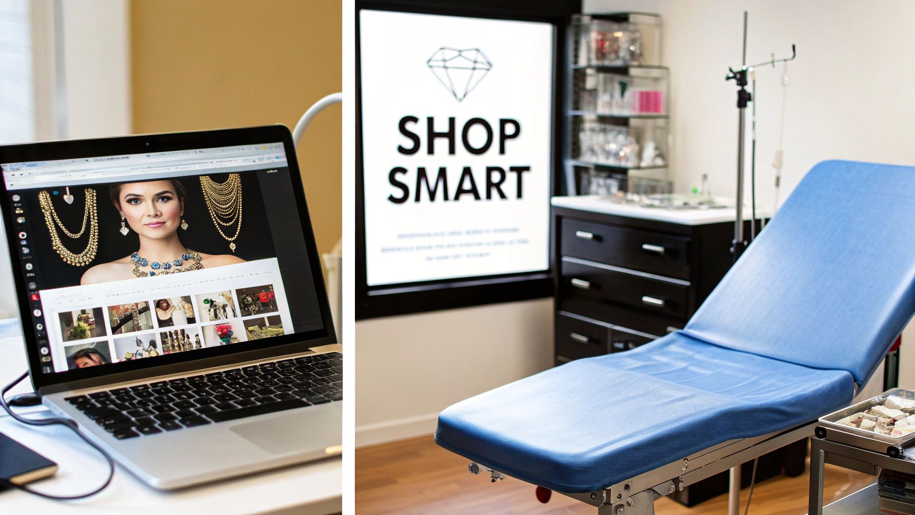 A split image showing a laptop displaying body jewelry on the left and a medical examination room on the right.