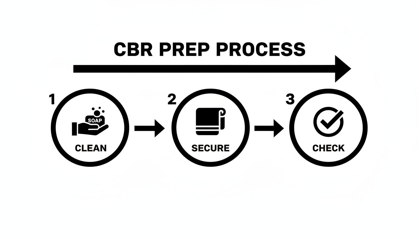 A step-by-step diagram showing the CBR preparation process: clean, secure, and check stages.