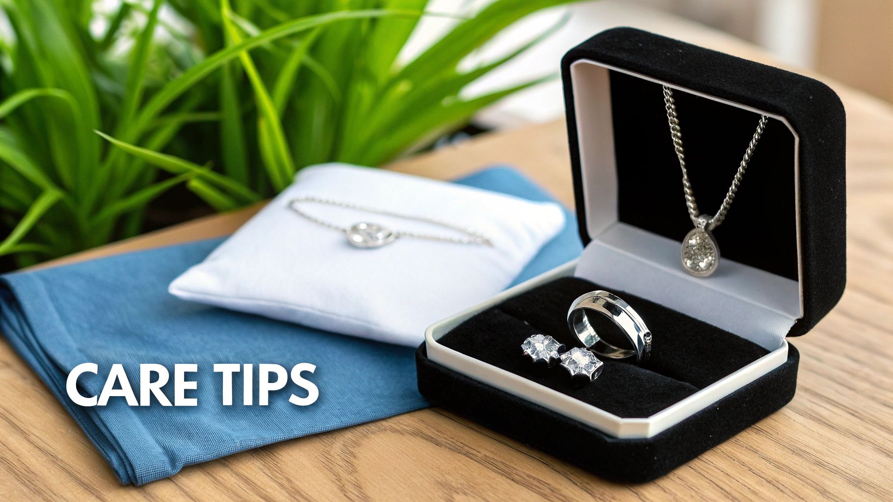 Elegant silver jewelry, including a necklace, earrings, and ring, with a blue cloth, highlighting care tips.