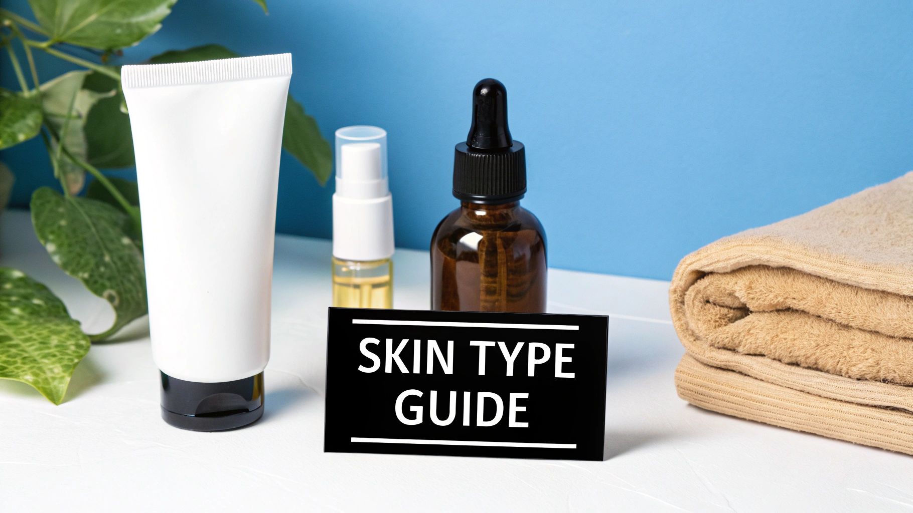 Skincare products like a white tube, dropper bottle, and spray bottle with a 'SKIN TYPE GUIDE' sign, and a towel.