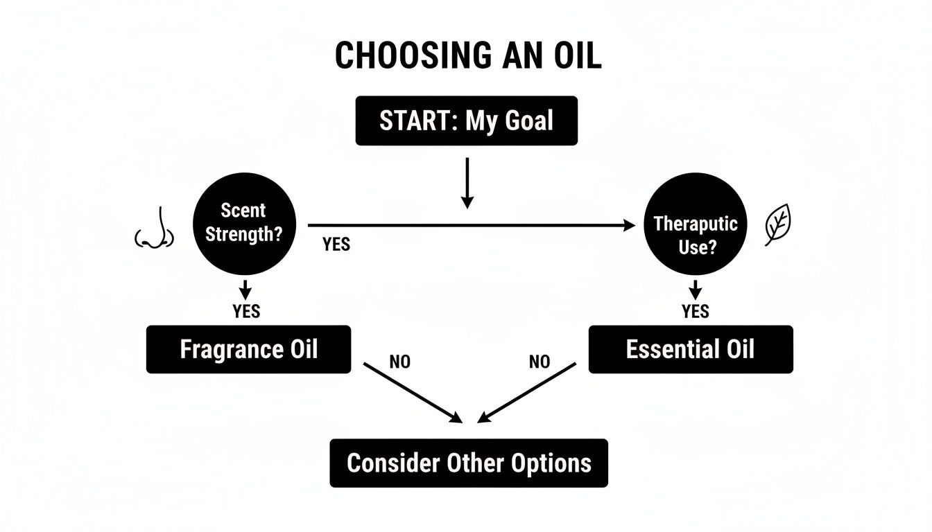 Flowchart guiding the choice between fragrance oil and essential oil based on scent strength and therapeutic use.