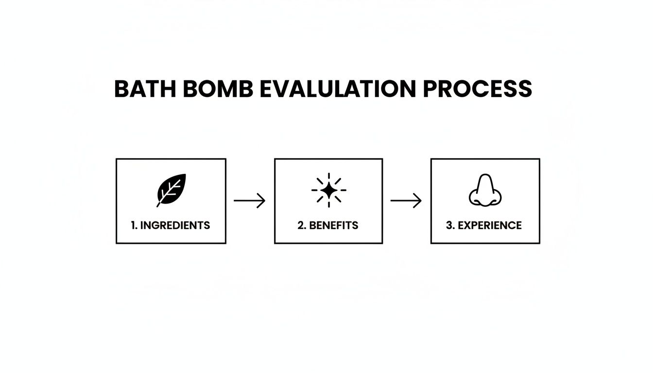 A flowchart outlining the Bath Bomb Evaluation Process: Ingredients, Benefits, and Experience.