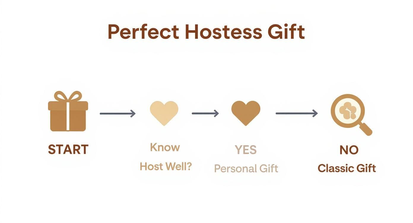 A flowchart titled 'Perfect Hostess Gift' guides gift selection based on knowing the host well.