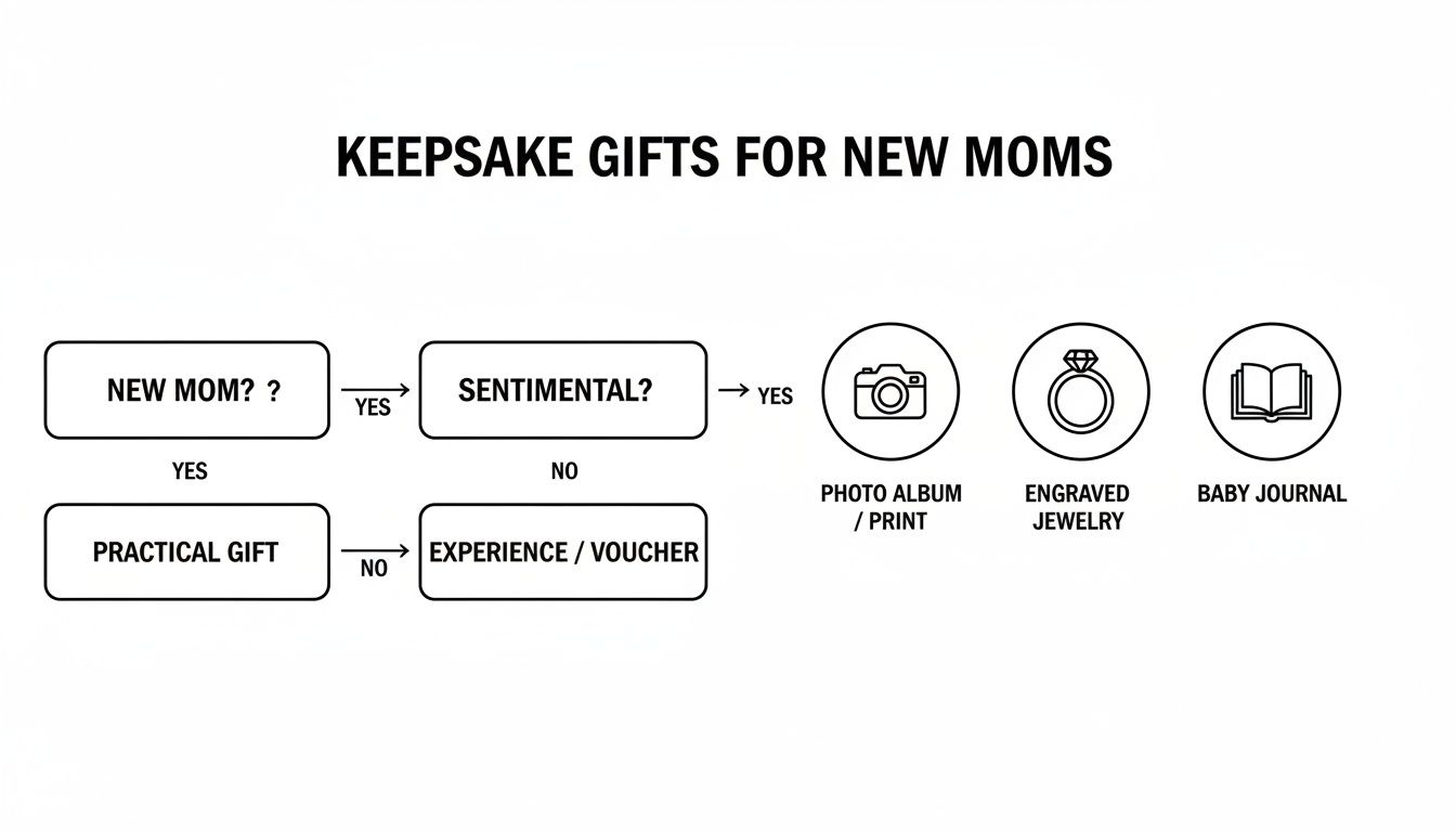 Flowchart detailing keepsake and practical gift ideas for new mothers based on sentimentality.