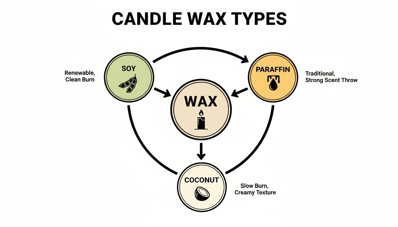 Diagram illustrating three main candle wax types: Soy, Paraffin, and Coconut, with their characteristics.