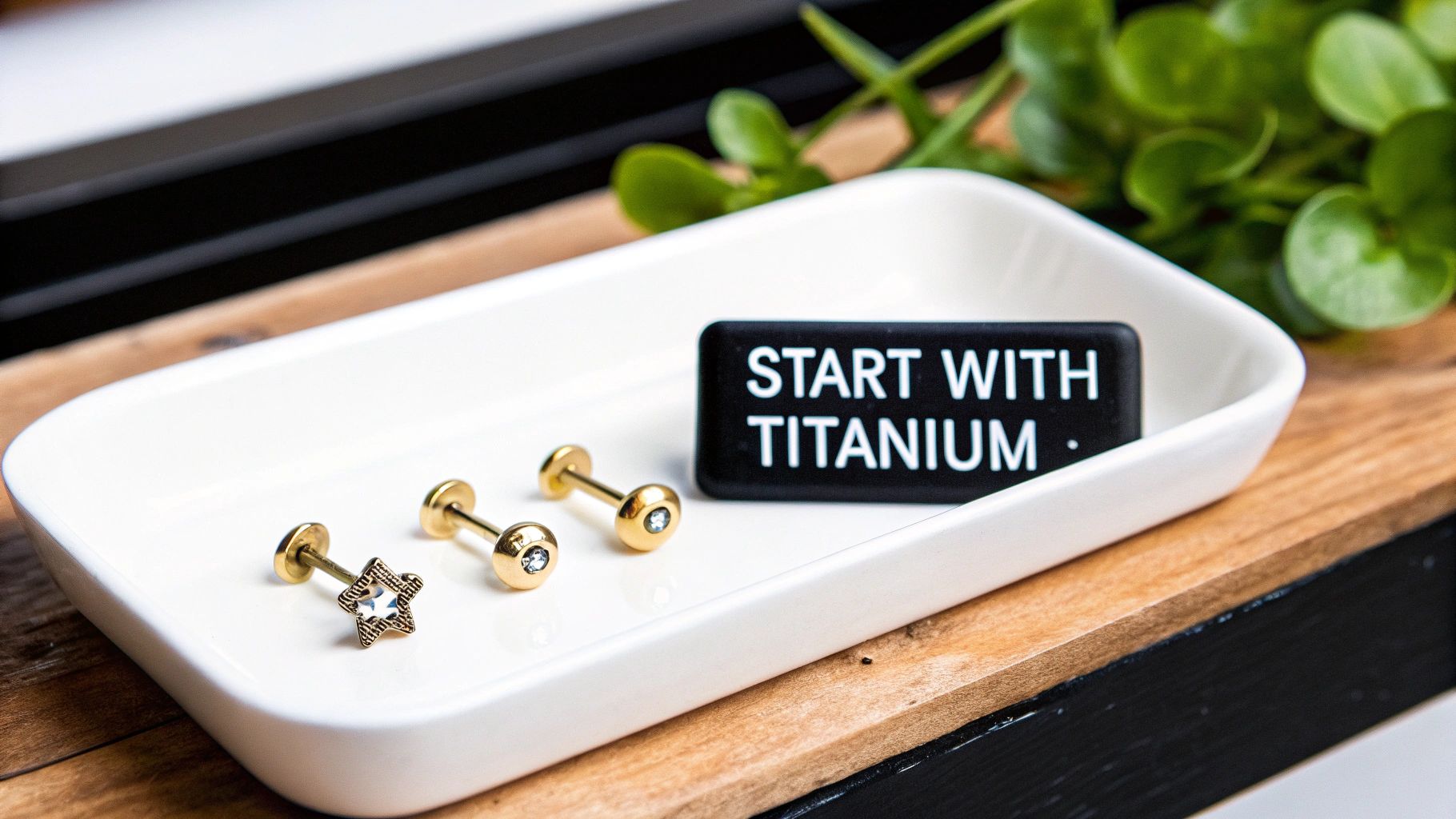 Gold titanium earring studs displayed on white dish with start with titanium sign