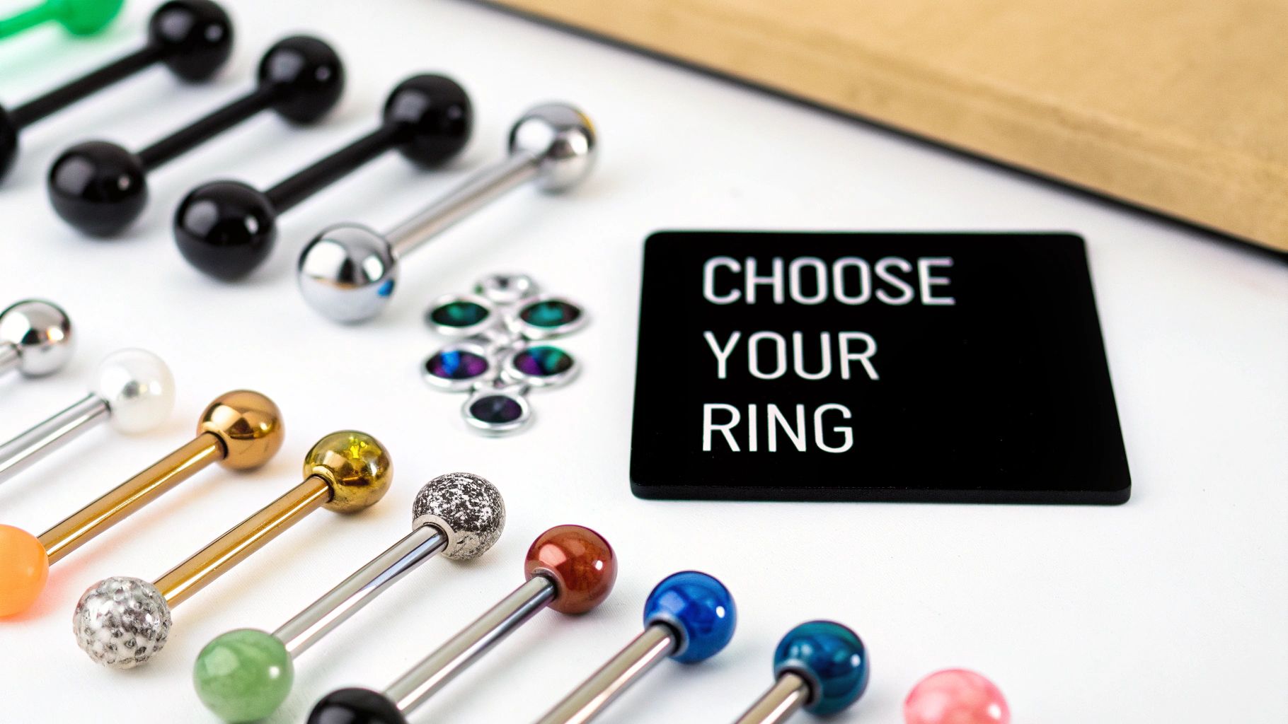A diverse collection of colorful and metallic body piercing barbells displayed next to a 'Choose Your Ring' sign.