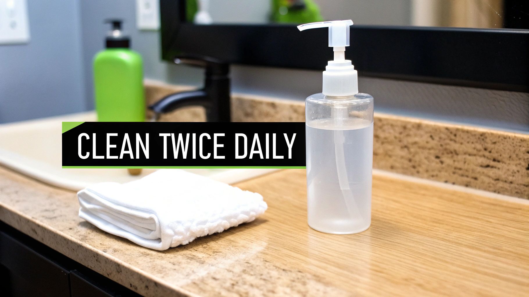 A person holding a sterile saline spray bottle, ready to clean their new piercing.