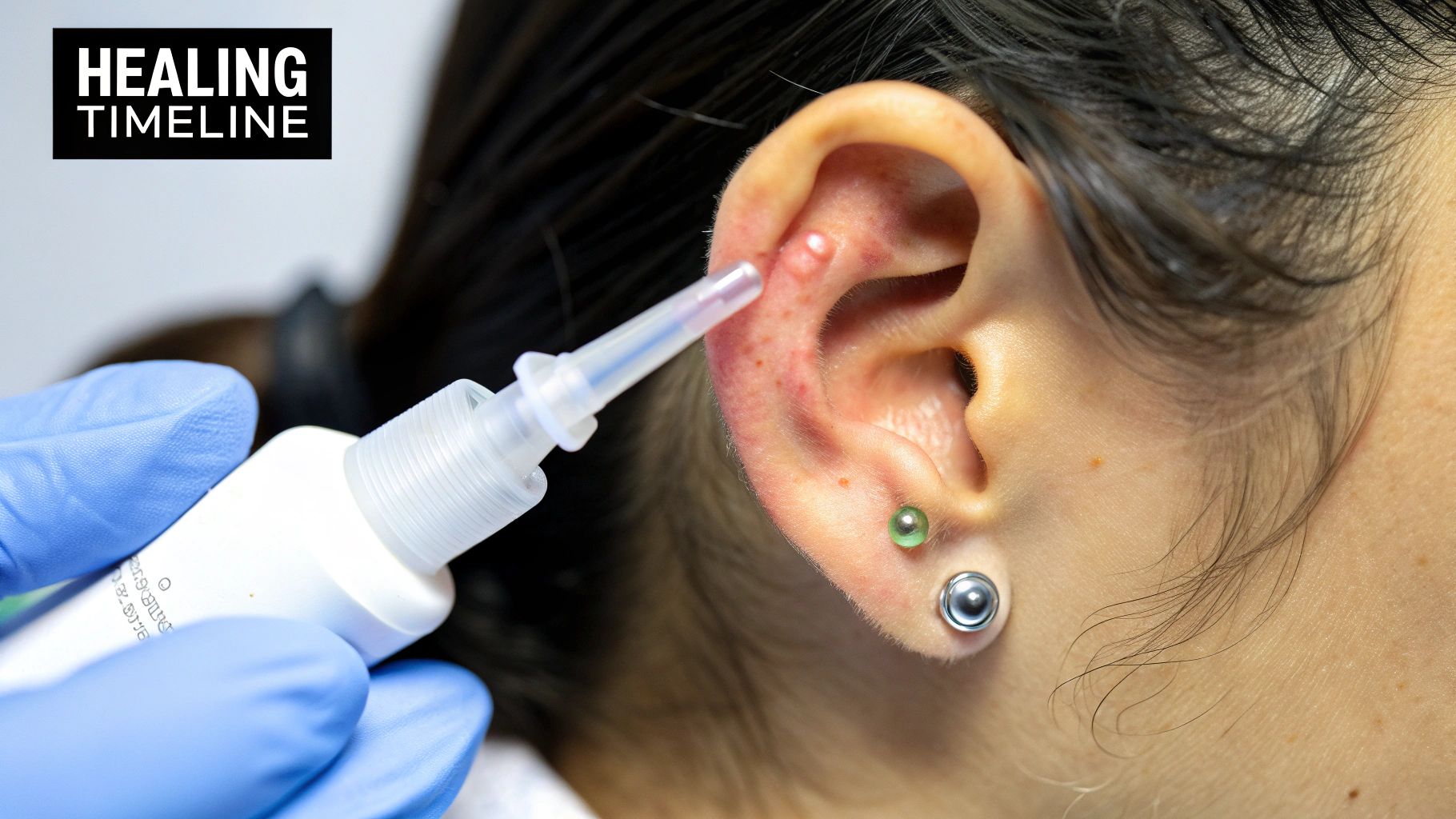 A person cleaning their ear piercing with a sterile solution.