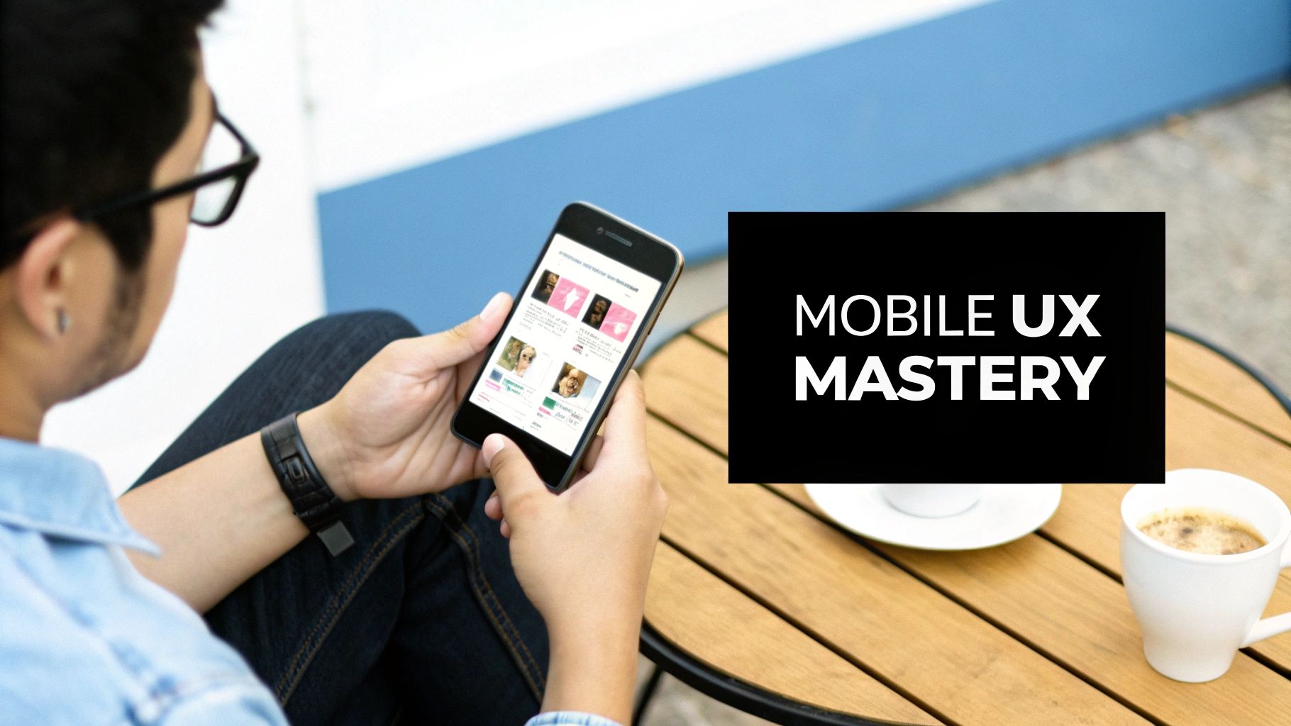 A person shopping online using a smartphone, with a clean and responsive ecommerce website displayed on the screen