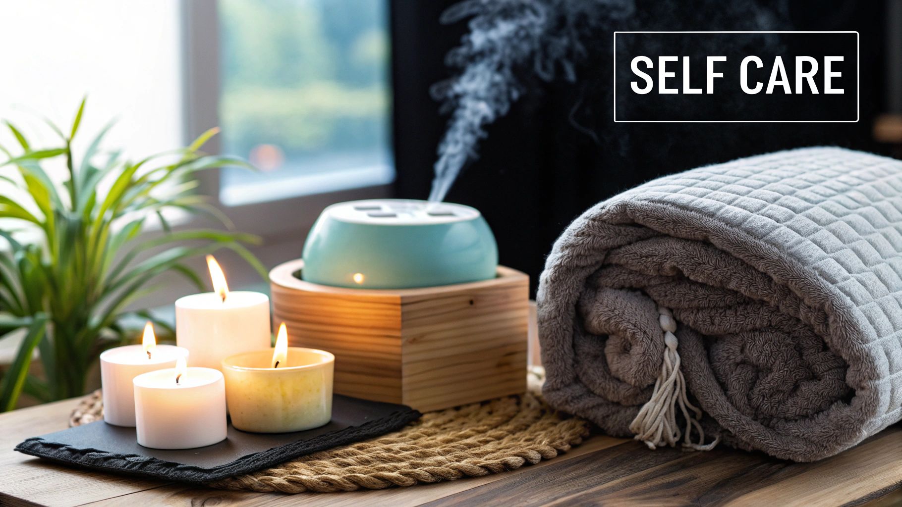 A woman relaxing in a bathtub surrounded by candles and skincare products