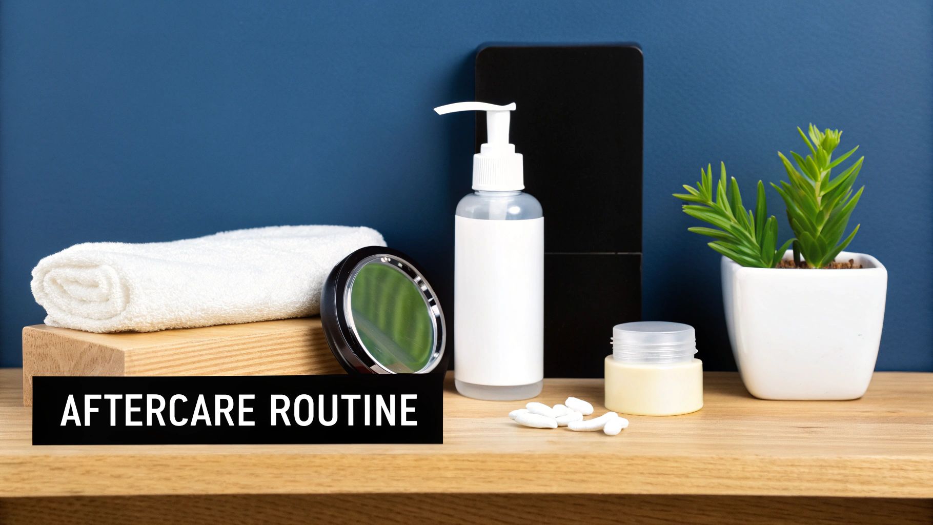A collection of skincare items, a towel, and a plant on a wooden shelf, with text 'AFTERCARE ROUTINE'.