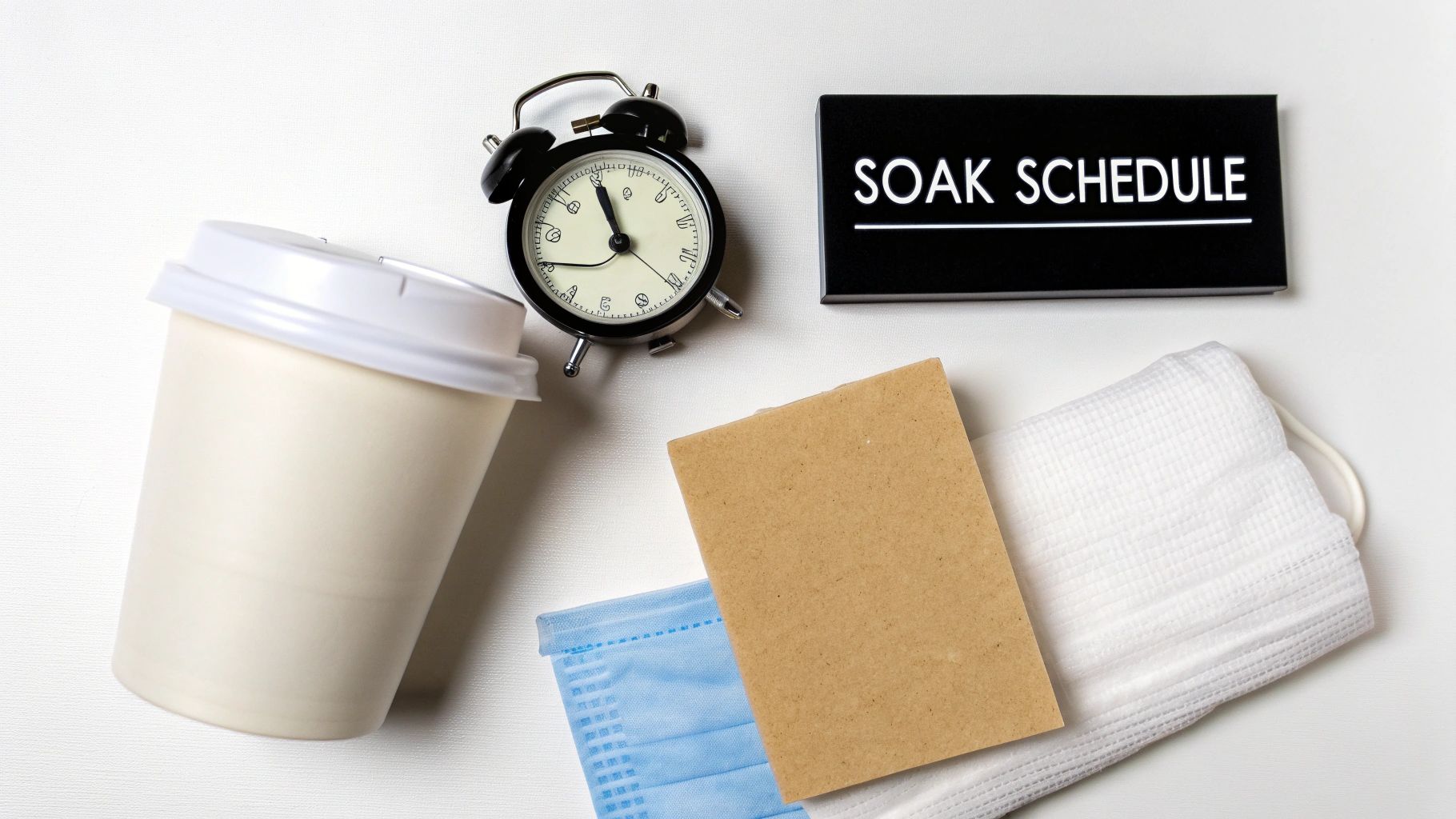 A flat lay shows an alarm clock, coffee cup, 'SOAK SCHEDULE' sign, masks, and notepad on white.