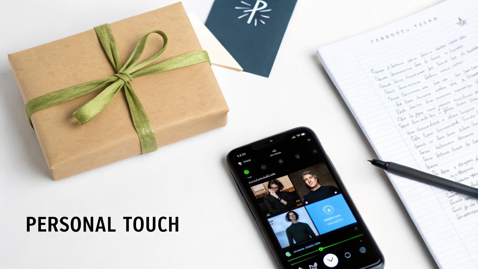 A flat lay shows a brown wrapped gift with a green ribbon, a smartphone, and a notebook with a pen.